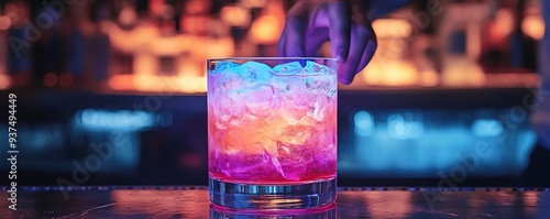 Colorchanging cocktail in a clear glass, with the bartender adding a final touch that alters the hue, unique cocktail, interactive and innovative photo