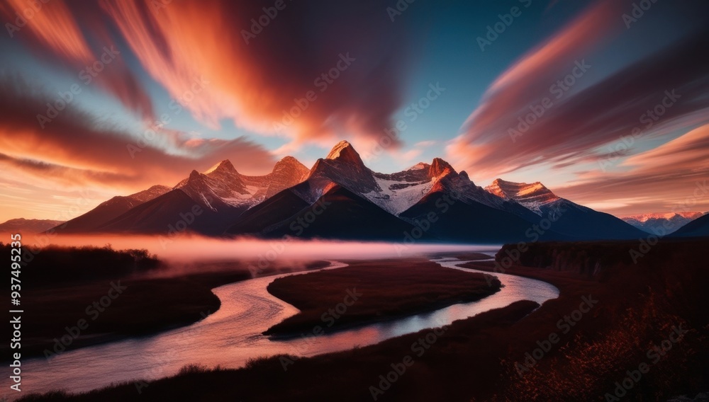 Obraz premium A breathtaking sunset over majestic mountains and a winding river in a serene landscape.