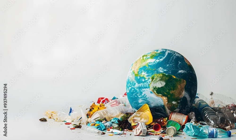 Naklejka premium A globe of the earth with trash over white background, the concept of ecology problem and World Environment Day. Photo with message for social advertising, place for inscription