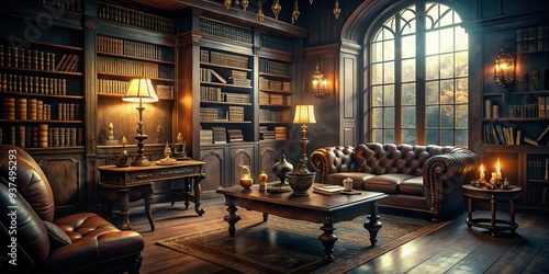 Dark Academia Moody Hues Old Books Leather Accents Dark Wood Moody Lighting Intellectual Atmosphere photo