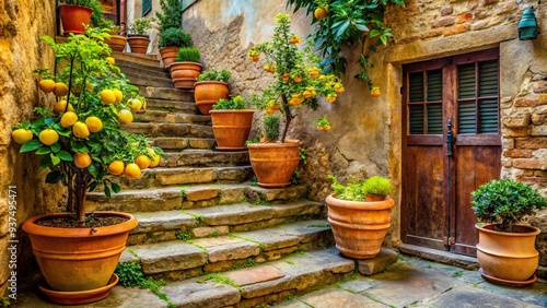 bitter lemon rinds cracked earthy terracotta pots worn stone steps rustic tuscan countryside warmth photo