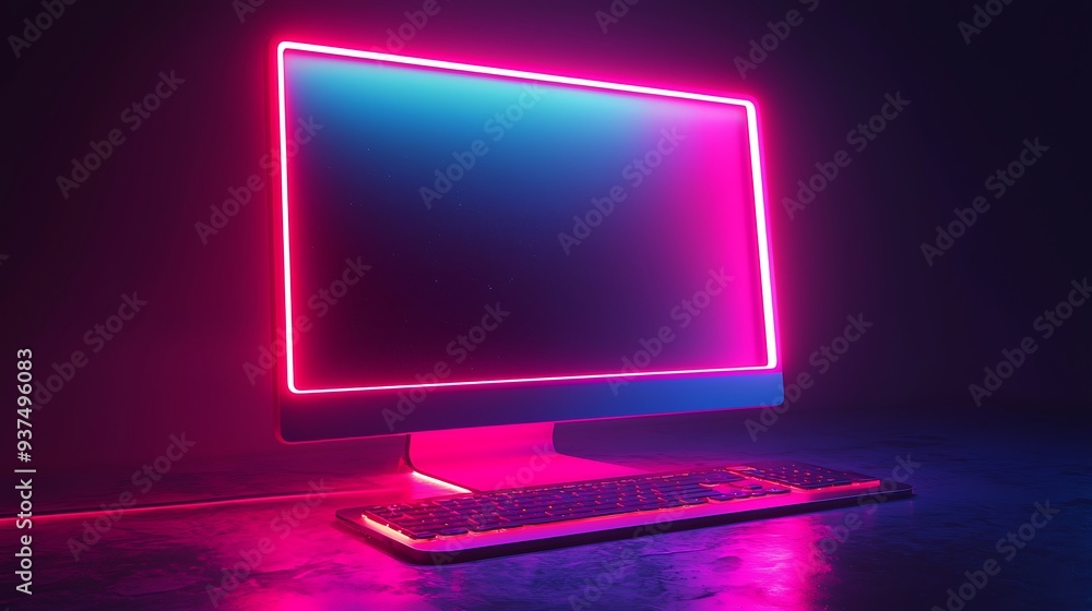 Neon computer setup with pink and blue lights, blending the sleek design of modern technology with vibrant, glowing accents. Neon computer setup with pink and blue lights, blending the sleek design of modern technology with vibrant, glowing accents.