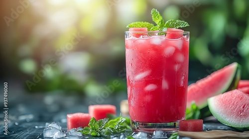 Refreshing watermelon juice with ice cubes, served in a tall glass, summer picnic setting, cold drink ice, fruity and cool photo