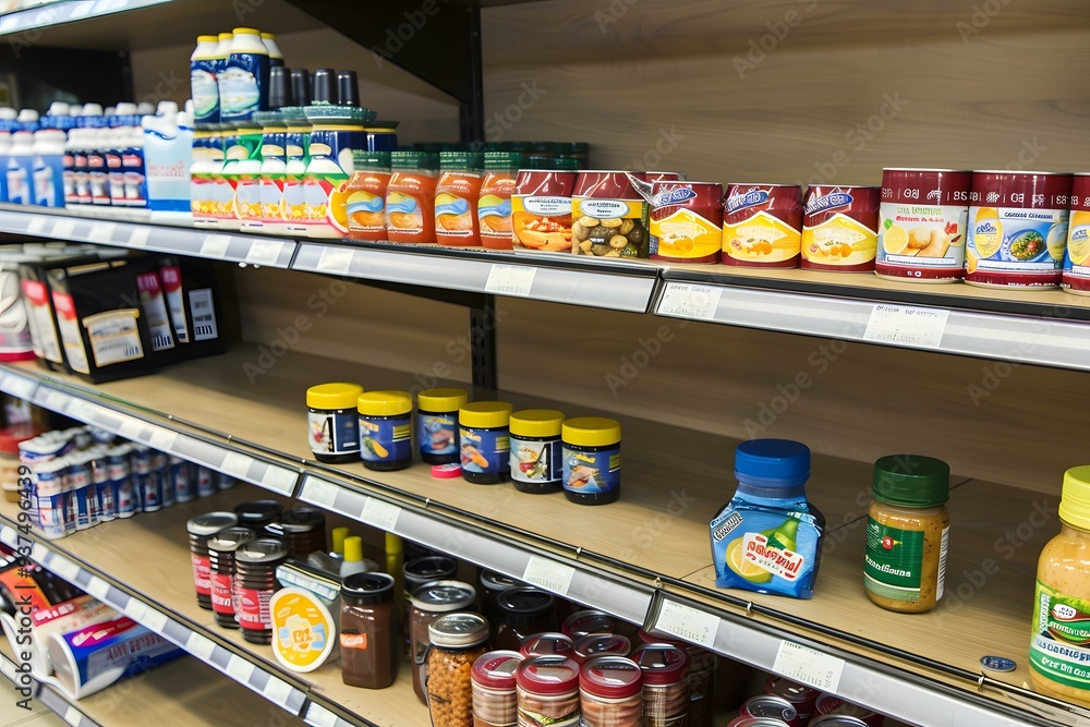 Grocery Store Shelf with Various Food Products Grocery Store Shelf with Various Food Products