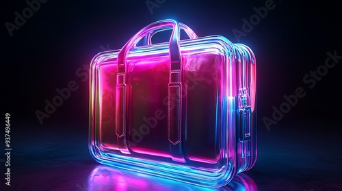 Neon suitcase, pink and blue glowing light, capturing the vibrant and modern design of travel accessories with a futuristic twist.