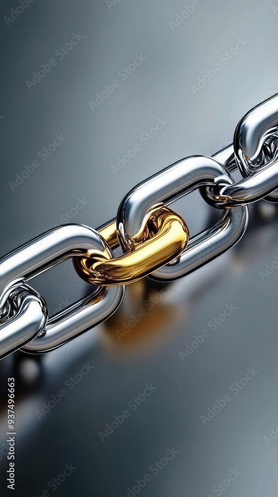 Obraz premium Shiny silver chain with one golden link symbolizing strong leadership, contrasting metal links, representing strength and unity in leadership