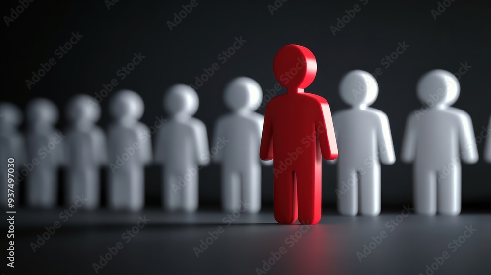 Red person standing out among white people in line showing strong leadership and individuality, highlighting uniqueness, influence in crowd Red person standing out among white people in line showing strong leadership and individuality, highlighting uniqueness, influence in crowd