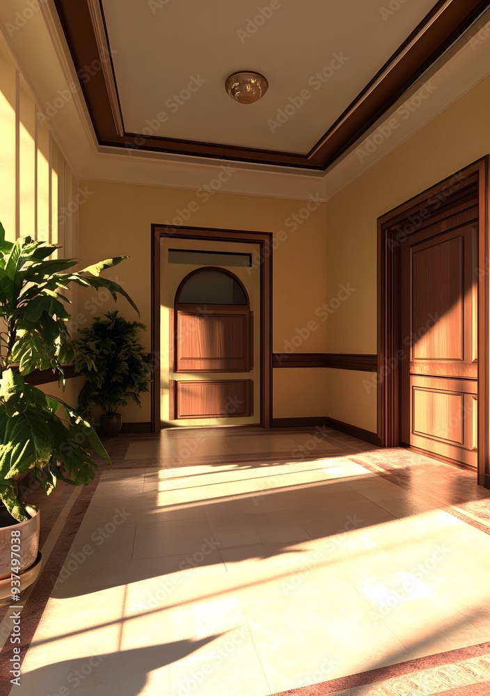 Elegant Home Entrance With Wooden Doors and Plants Elegant Home Entrance With Wooden Doors and Plants
