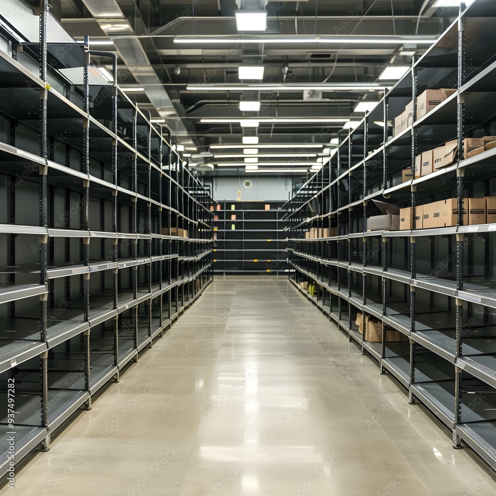 Empty Grocery Store Shelves in a Warehouse Empty Grocery Store Shelves in a Warehouse