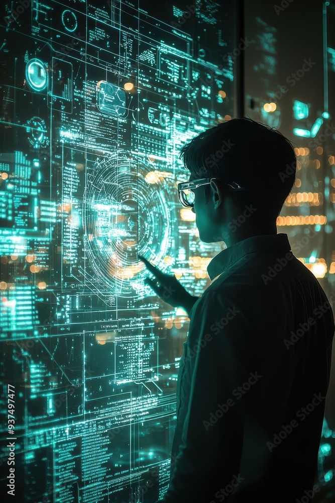 Exploring the Future: A Silhouetted Figure Navigates the Digital Landscape Exploring the Future: A Silhouetted Figure Navigates the Digital Landscape