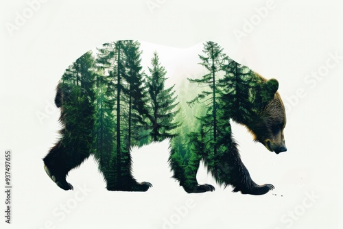 Double exposure of an bear silhouette with a beautiful green pine forest landscape illustration on white background