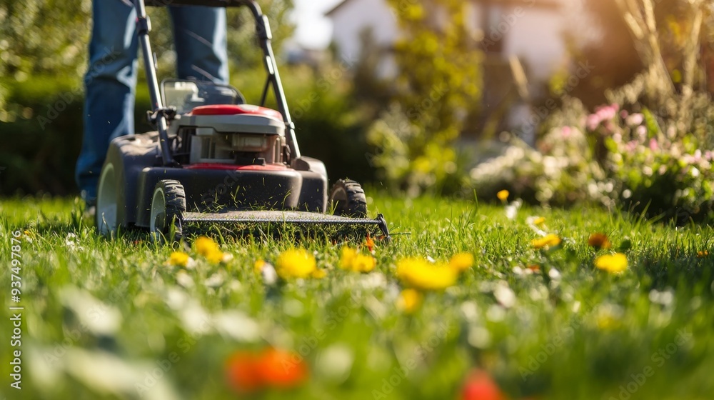A man is using a modern lawnmower to skillfully mow a lush green lawn in a beautiful, bright garden A man is using a modern lawnmower to skillfully mow a lush green lawn in a beautiful, bright garden
