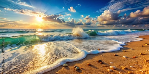 Turquoise waves gently kiss the shore, sending seafoam swirling on sun-kissed sand, where tiny shells and pebbles glimmer, and whispers of ancient secrets mingle with summer's languid air.