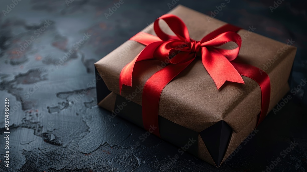 Wrapped gift box with red ribbon placed on a textured dark background, showcasing a classic presentation for special occasions Wrapped gift box with red ribbon placed on a textured dark background, showcasing a classic presentation for special occasions