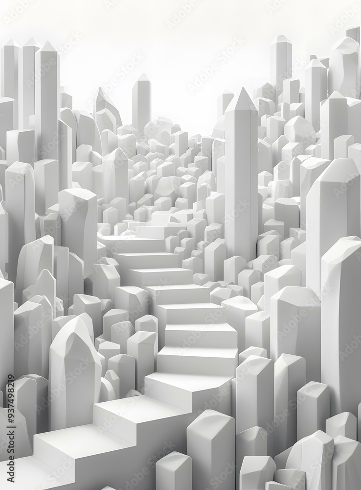 Fototapeta premium Abstract 3D Render Of White Geometric Shapes With Stairs In The Middle