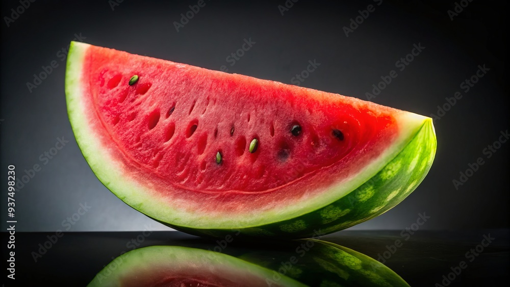 Vibrant freshness isolated watermelon slice on matte black background evoking summer nostalgia with warm shallow depth of field and rich green rind contrasted with juicy pink flesh. Vibrant freshness isolated watermelon slice on matte black background evoking summer nostalgia with warm shallow depth of field and rich green rind contrasted with juicy pink flesh.