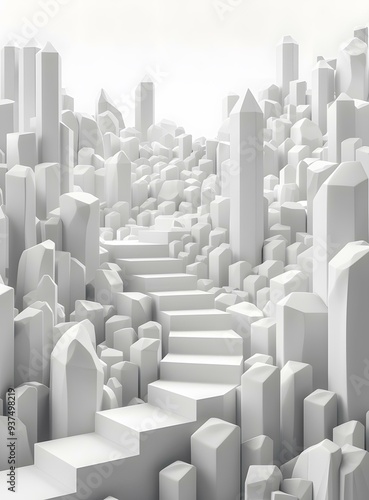 Abstract 3D Render Of White Geometric Shapes With Stairs In The Middle