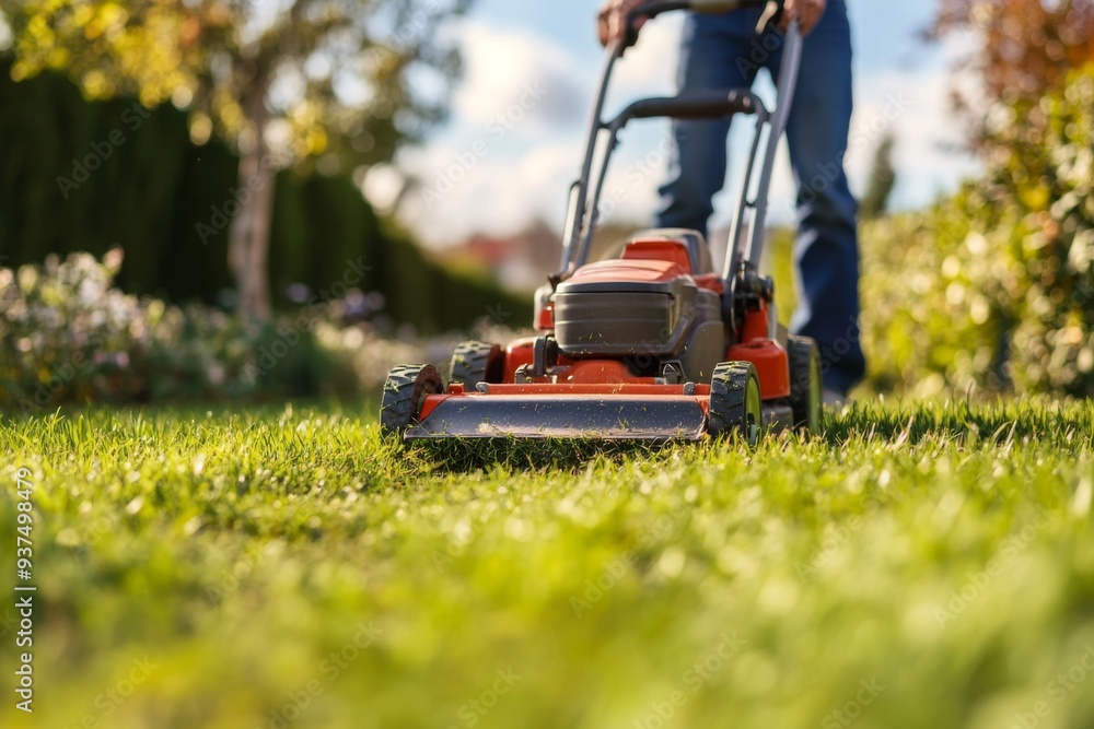 Fototapeta premium A man is using a modern lawnmower to skillfully mow a lush green lawn in a beautiful, bright garden