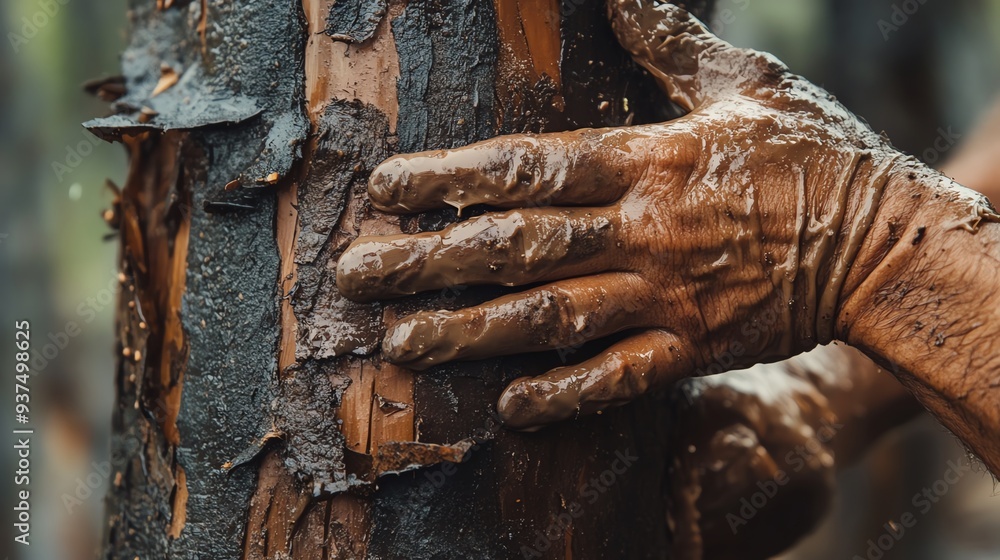 Closeup of hands harvesting latex from rubber tree bark, latex collection, traditional farming methods Closeup of hands harvesting latex from rubber tree bark, latex collection, traditional farming methods