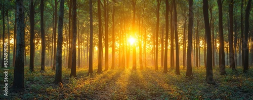 Rubber tree forest bathed in golden sunset light, natural rubber, environmental harmony