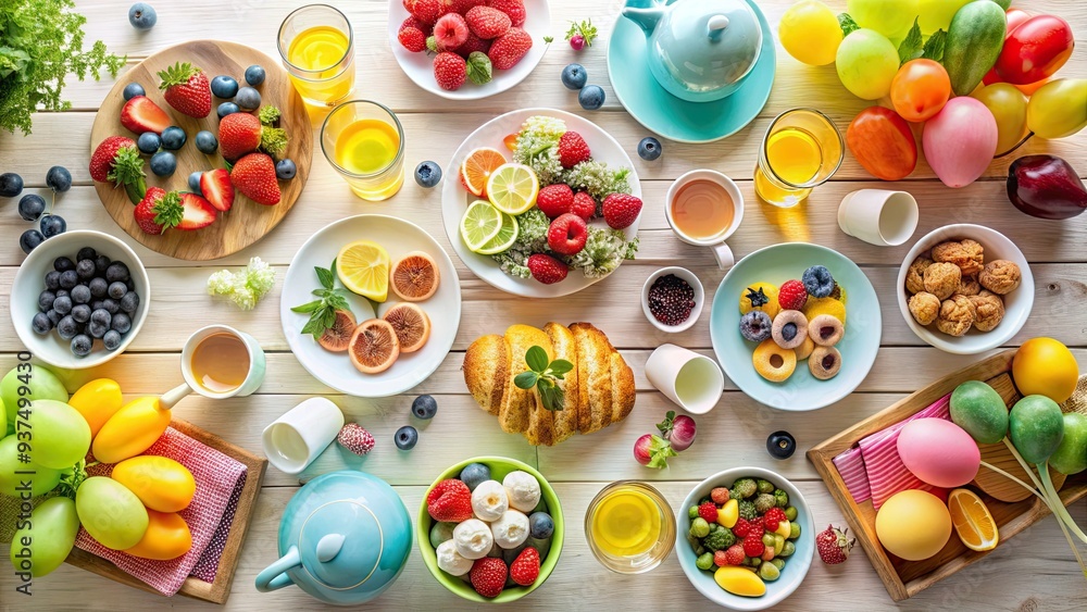 Whimsical Delightful Walnut Bird's Eye View Fresh Fruits Balloons Pastel Colors Soft Focus Celebratory Morning Breakfast Party Concept Whimsical Delightful Walnut Bird's Eye View Fresh Fruits Balloons Pastel Colors Soft Focus Celebratory Morning Breakfast Party Concept