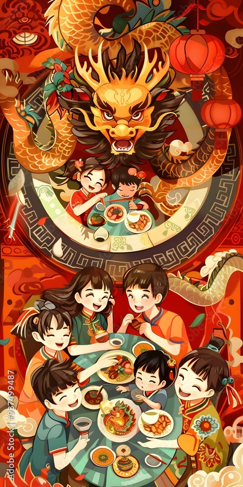 Fototapeta premium Chinese New Year Family Dinner Illustration