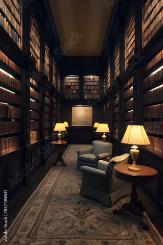 Interior view of a cozy library with dim lighting