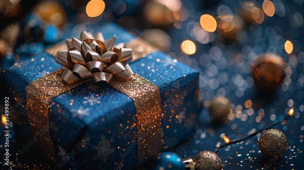 A beautifully wrapped blue gift box sits surrounded by shimmering decorations, glitter, and soft lights, creating a festive atmosphere for the holiday season A beautifully wrapped blue gift box sits surrounded by shimmering decorations, glitter, and soft lights, creating a festive atmosphere for the holiday season