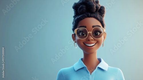 3D character close up portrait of a cheerful black woman in a casual blue shirt, sunglasses and smiling brightly, on a light gray gradient backdrop, copy space, cute cartoon style