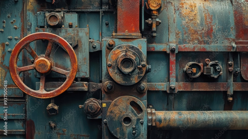 Rusty Metal Industrial Machinery Detail with Red Wheel Rusty Metal Industrial Machinery Detail with Red Wheel
