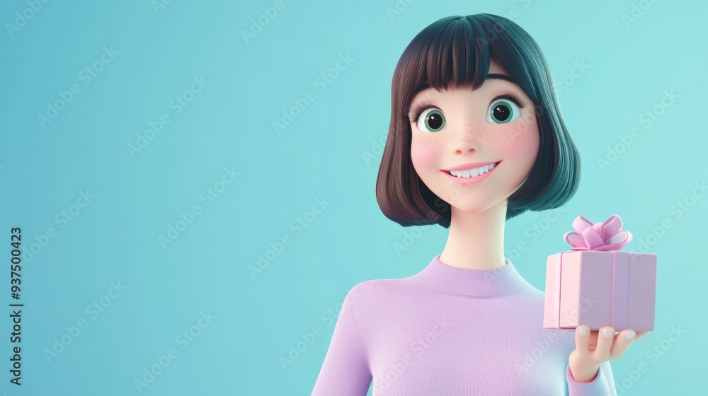 3D character close up portrait of a cheerful white woman in a soft purple top, holding a small gift box with a bright smile, on a light blue gradient backdrop, copy space, cute cartoon style 3D character close up portrait of a cheerful white woman in a soft purple top, holding a small gift box with a bright smile, on a light blue gradient backdrop, copy space, cute cartoon style