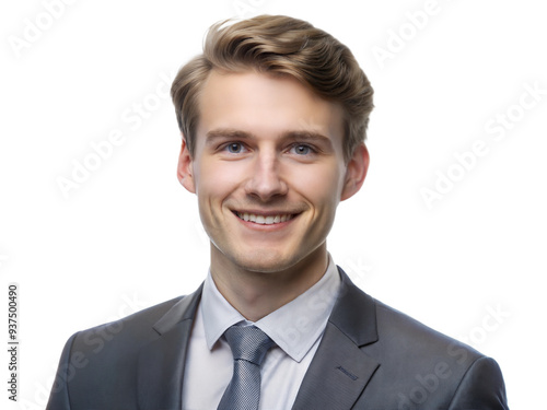 Young businessman in gray suit smiling, transparent