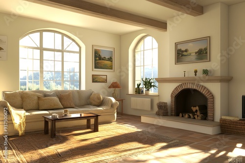 Living Room Interior Design with Fireplace and Large Windows