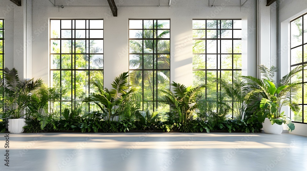 Large Windows with Tropical Plants in a Modern Interior Design Large Windows with Tropical Plants in a Modern Interior Design