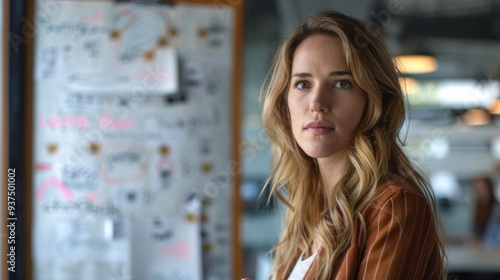 Free Download Team Briefing: In a shared workspace, the female startup founder stands by the whiteboard, enthusiastically detailing her company’s growth strategy, her eyes showing clear determination.
 - GFXLoad