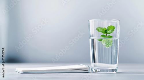 Clear glass of water with floating mint leaves and a wellness journal beside it, representing mindful hydration practices, hydration wellness benefit, mindful refreshment