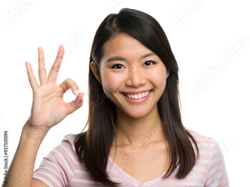 Smiling woman showing ok gesture, transparent