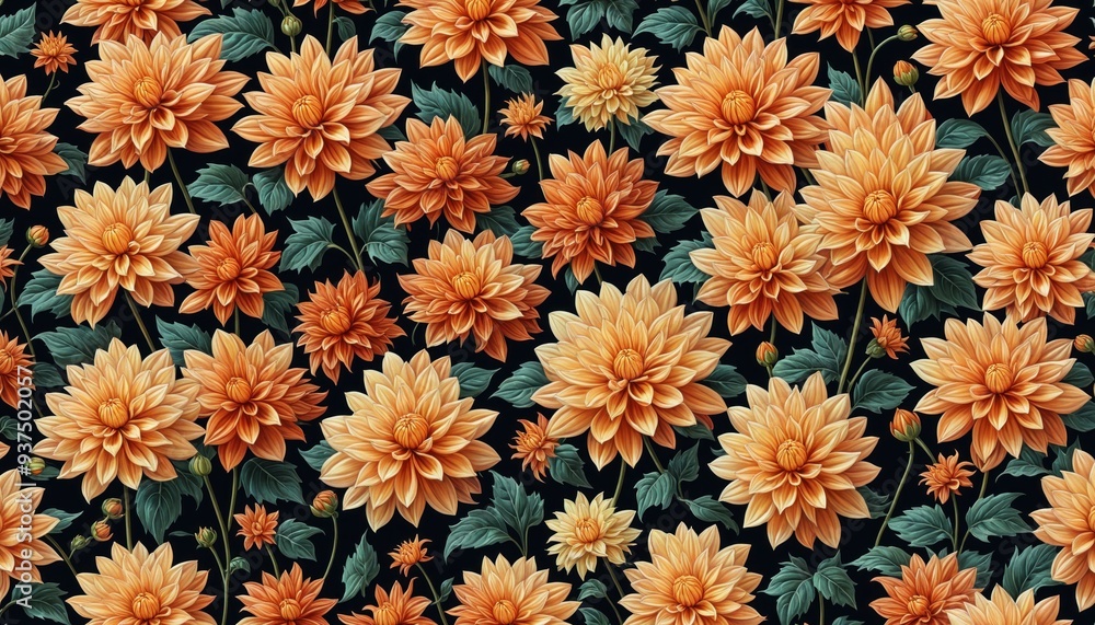 Seamless pattern vibrant peach-colored dahlias against a dark background. Intricate details of the flowers and their lush green foliage Seamless pattern vibrant peach-colored dahlias against a dark background. Intricate details of the flowers and their lush green foliage