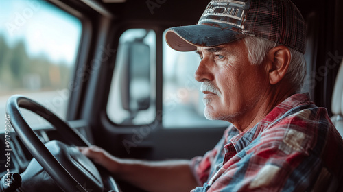 An elderly truck driver sits behind the wheel of a big rig, focusing intently ahead. He is wearing a plaid shirt and a cap, giving him the appearance of an experienced professional