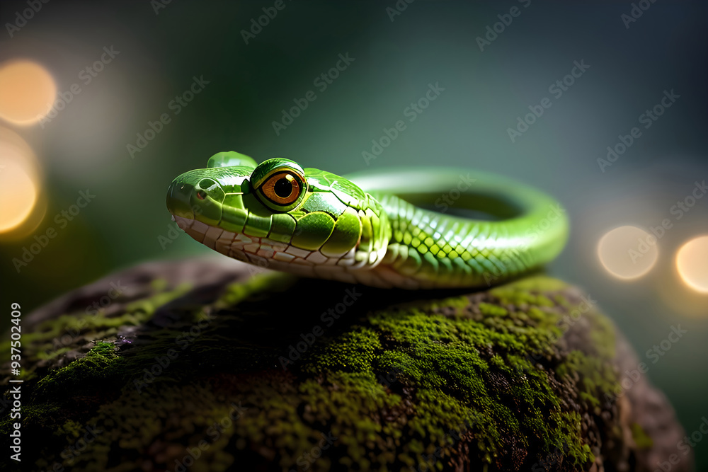 Fototapeta premium A small green snake with big yellow eyes looks at the camera. On the back captivity there is a decorated Christmas tree