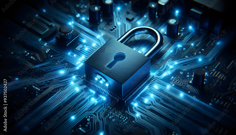 Image of padlock symbolizing digital security or cyber security. The lock is placed on a computer circuit that is illuminated by blue light. It represents the protection and security of data in comput Image of padlock symbolizing digital security or cyber security. The lock is placed on a computer circuit that is illuminated by blue light. It represents the protection and security of data in comput