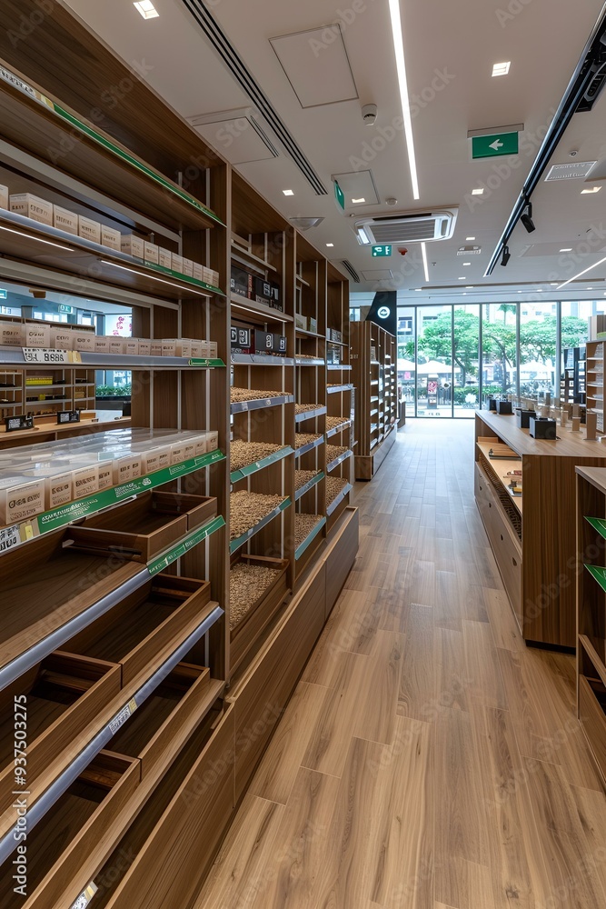 Modern Interior Design of a Store with Wooden Shelves and Floor Modern Interior Design of a Store with Wooden Shelves and Floor