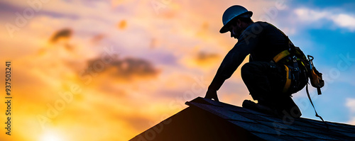 Obraz na płótnie A silhouette of a dedicated roofer working atop a roof, captured against the backdrop of a vibrant and colorful sunset w salonie