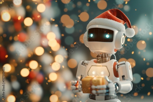 Futuristic Christmas Robot Holding Gift with Festive Bokeh Lights