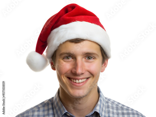 Smiling man in santa hat, plaid shirt, transparent