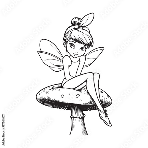 Tinker Bell Outline Design, Tinkerbell Clipart,  Tinker Bell Sitting on a mushroom Illustration in black and white photo