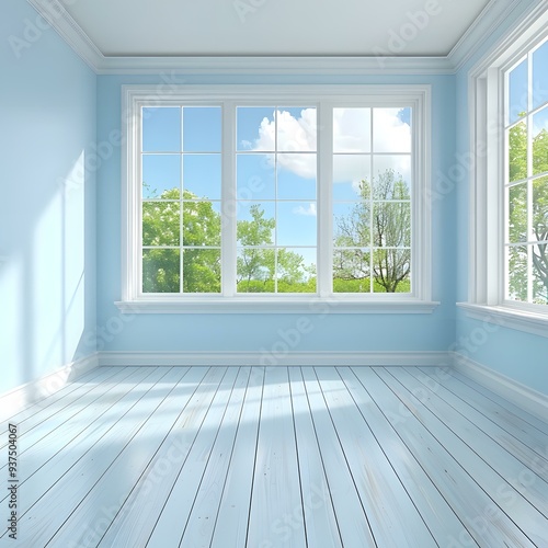 Empty Room with Blue Walls and Large Windows