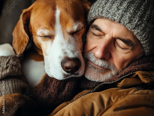 Hound resting with its head on its owner s lap, showcasing the bond between tame animal and human, vertebrate loyalty, calm companion photo