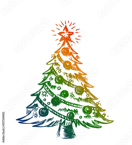 The sketch of a decorated Christmas tree.