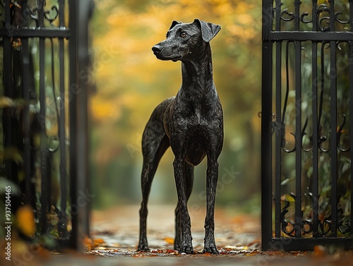 Hound standing tall at the entrance of a gate, symbolizing the trusted sentinel of the home, watchful guardian, reliable protector photo